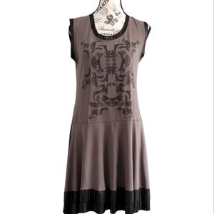 Grey Dress With Baroque Print And Faux Leather Trim